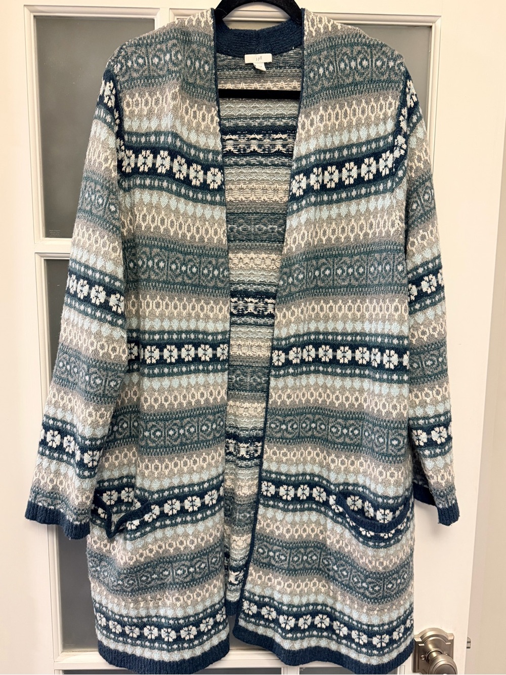 J. Jill Fair Isle Nordic Long Line Cardigan in Teal, Cream, Gray W/ Pockets - Picture 2 of 10